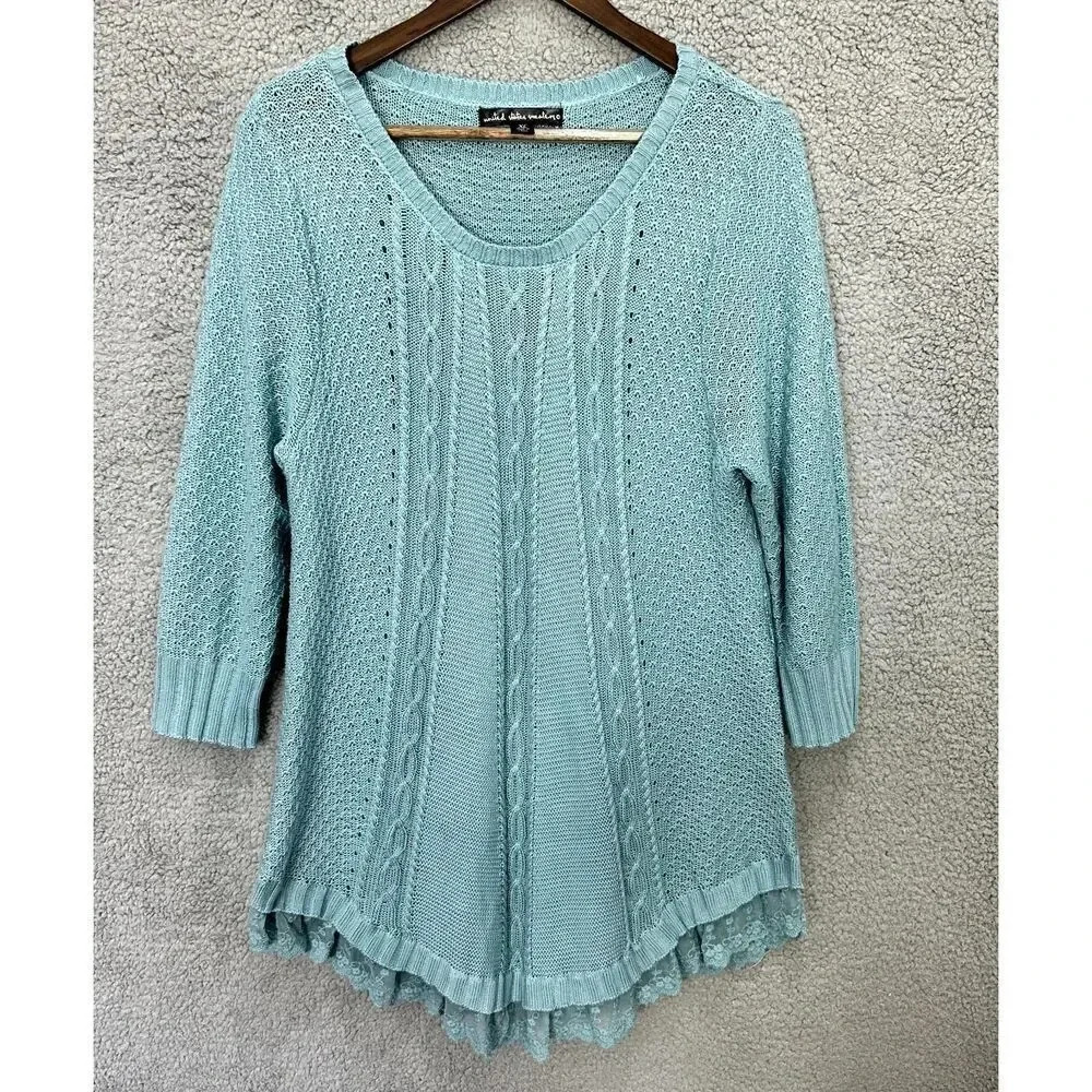 United States sweaters XL tunic blue pullover lace trim fisherman cable knit